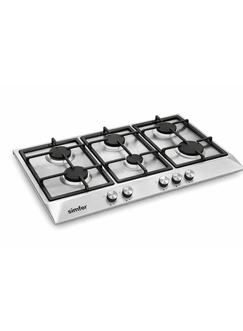 Simfer Built-In Gas Hob 90 cm Stainless Steel, Pyramidal Design, 6 Sabaf Burners, Front Control Knobs, Cast Iron Pan Supports, Auto Ignition, Full Safety – Model H9605WGWIM - Image 2